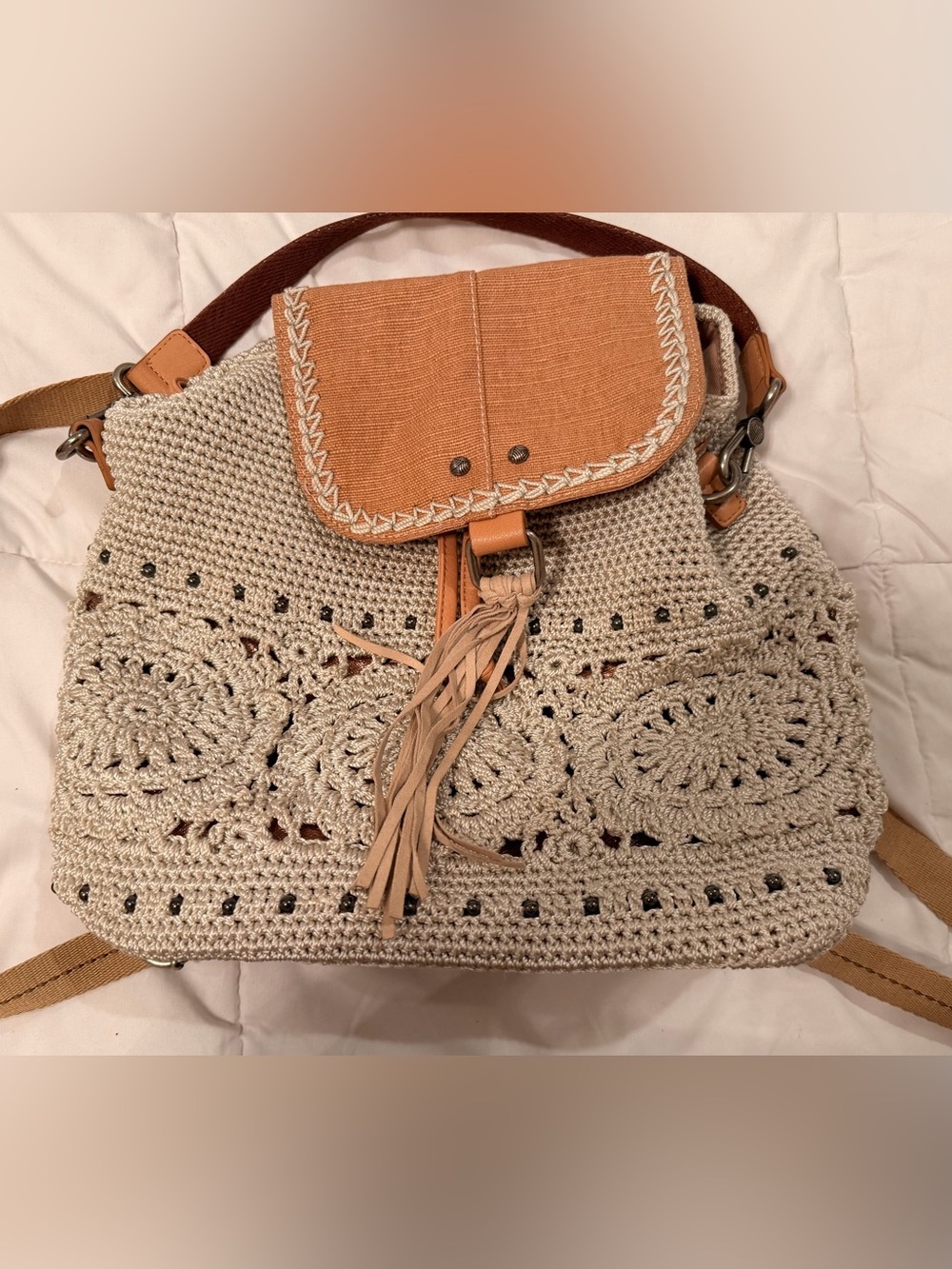 Boho Crochet Beige & Tan Tassel Backpack